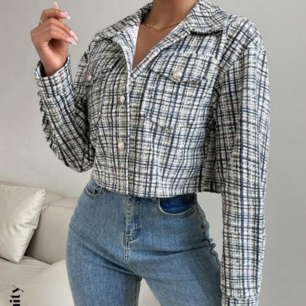 Unity Plaid Pattern Flap Pocket Drop Shoulder Cro… - image 3